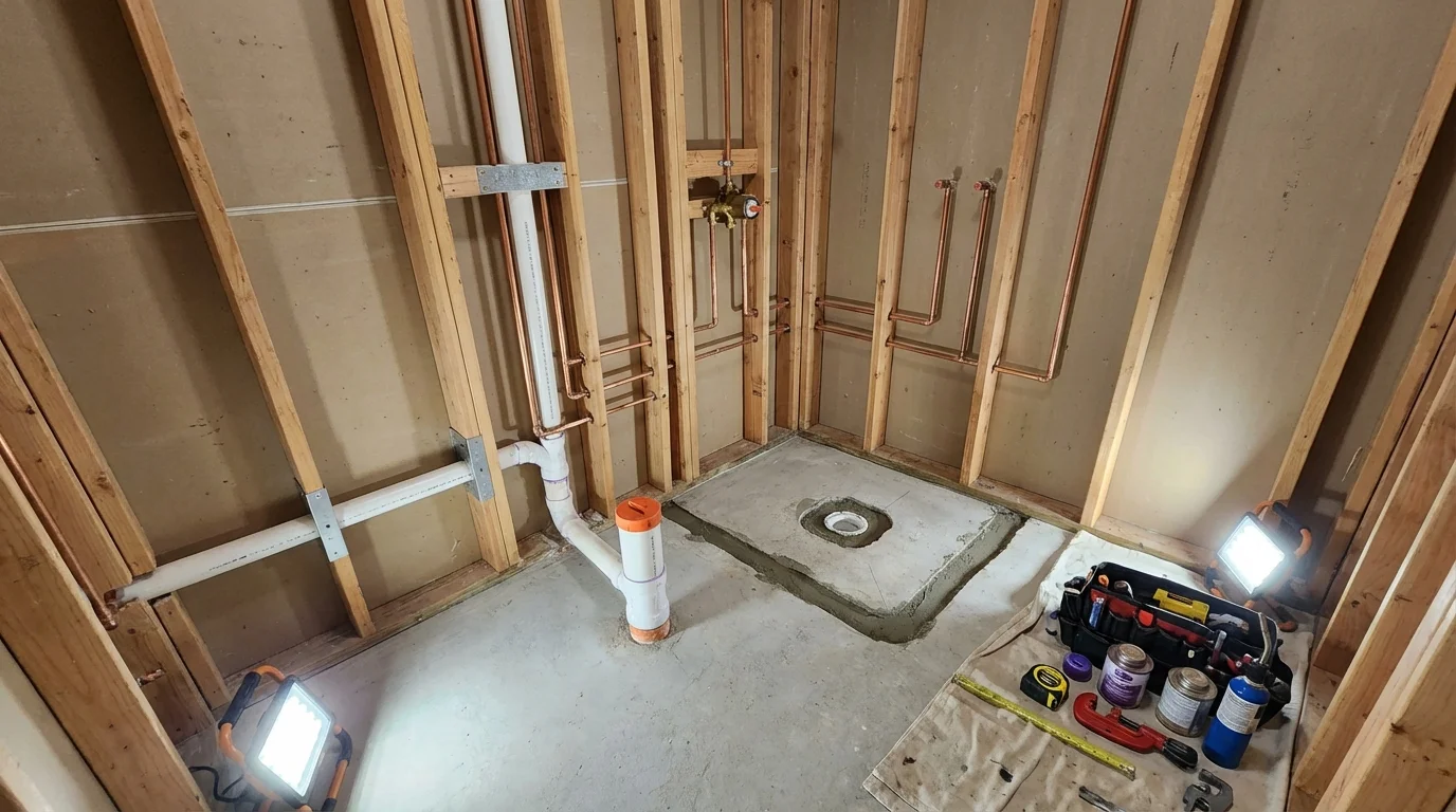 Bathroom rough-in plumbing during remodel by Johns Plumbing LLC in Demopolis