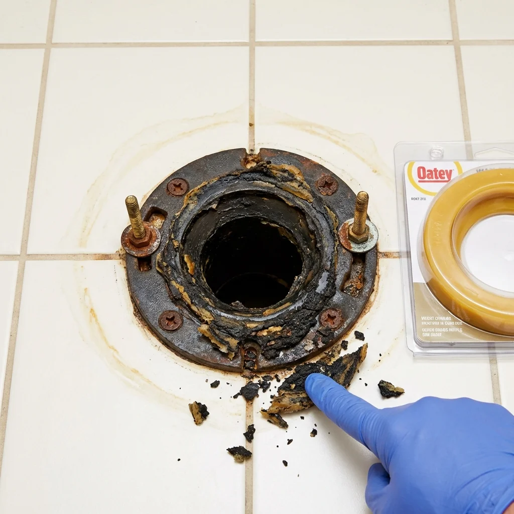 Failed wax ring showing water seepage at the base of a toilet in a Demopolis, AL home