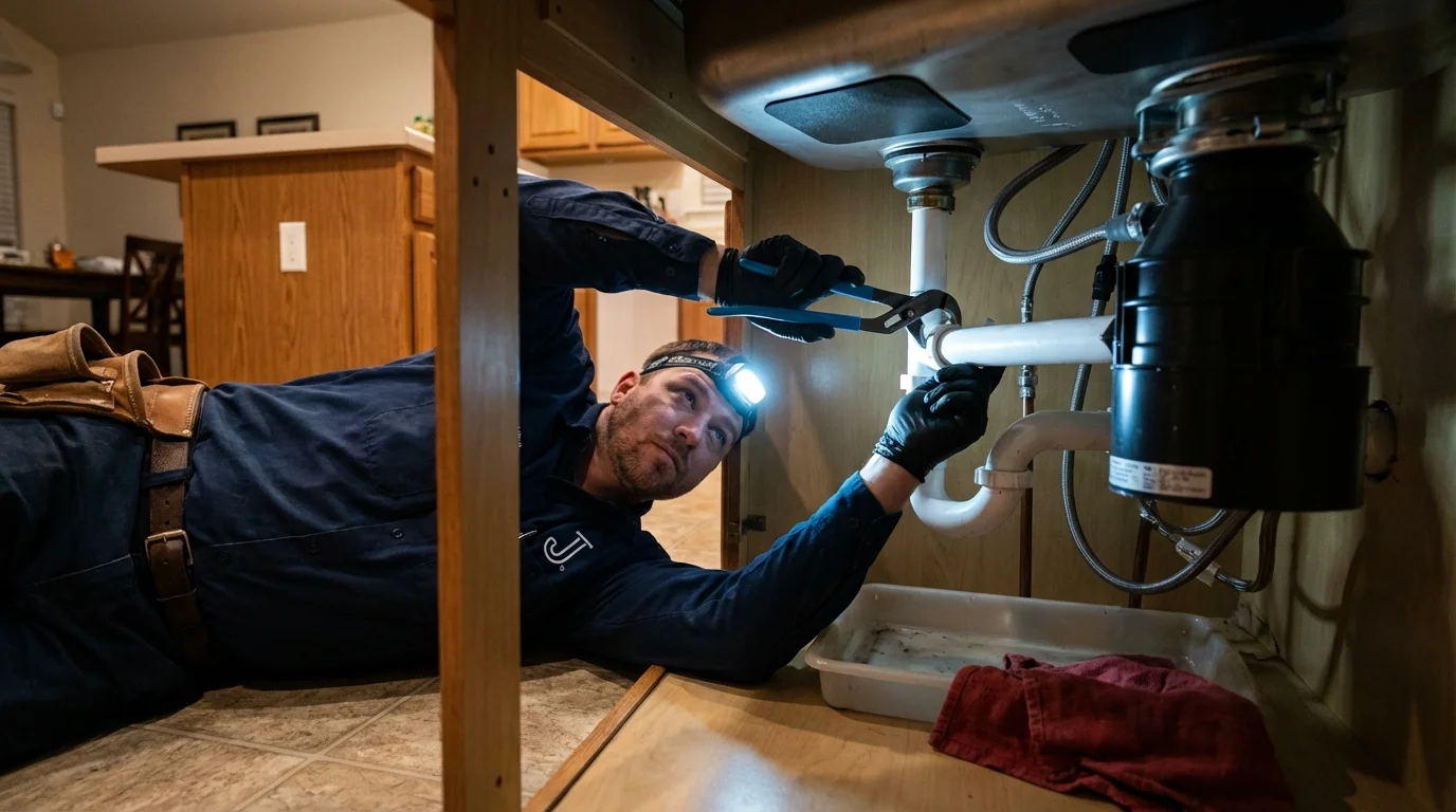 P-trap and supply line connections under a kitchen sink showing a common leak point in Demopolis, AL
